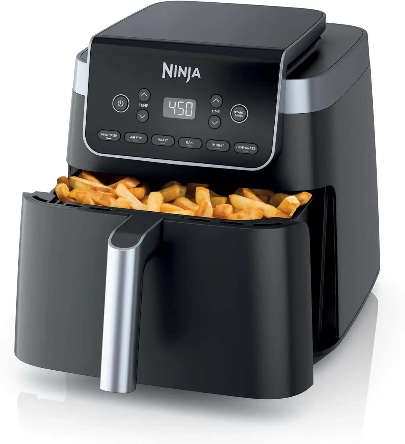 "Ninja XL Air Fryer, 6.5-quart, 6-in-1 functions including air fry and roast, grey appliance.