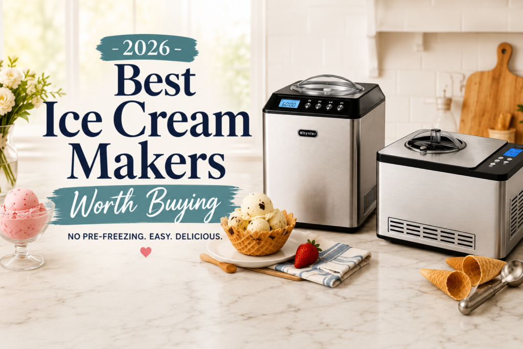 Two premium Whynter ice cream makers in a bright luxury kitchen for homemade ice cream, gelato, sorbet, and frozen yogurt without pre-freezing bowls.