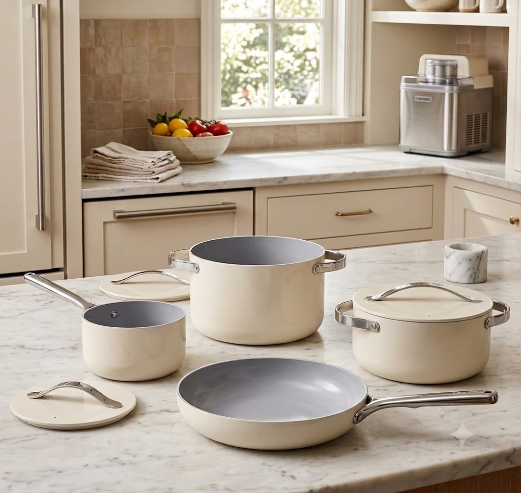 Caraway ceramic nonstick cookware set in cream color arranged on a white marble kitchen countertop
