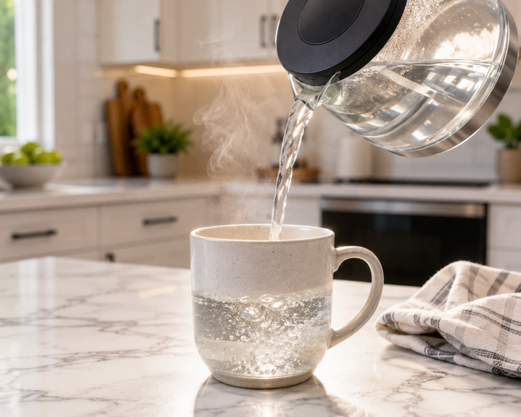 Steaming hot water being poured from a clear glass electric kettle into a ceramic mug on a modern kitchen countertop, perfect for making tea or coffee with the Cosori Electric Glass Kettle.