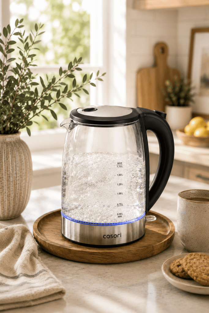 COSORI electric glass kettle in bright neutral kitchen