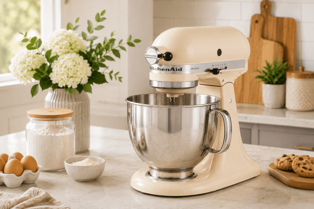 KitchenAid Stand Mixer almond creme color sitting on a countertop with eggs and flour in a clear glass canister and a small white bowl. Cookies at the side of the mixer and in the background cutting boards.