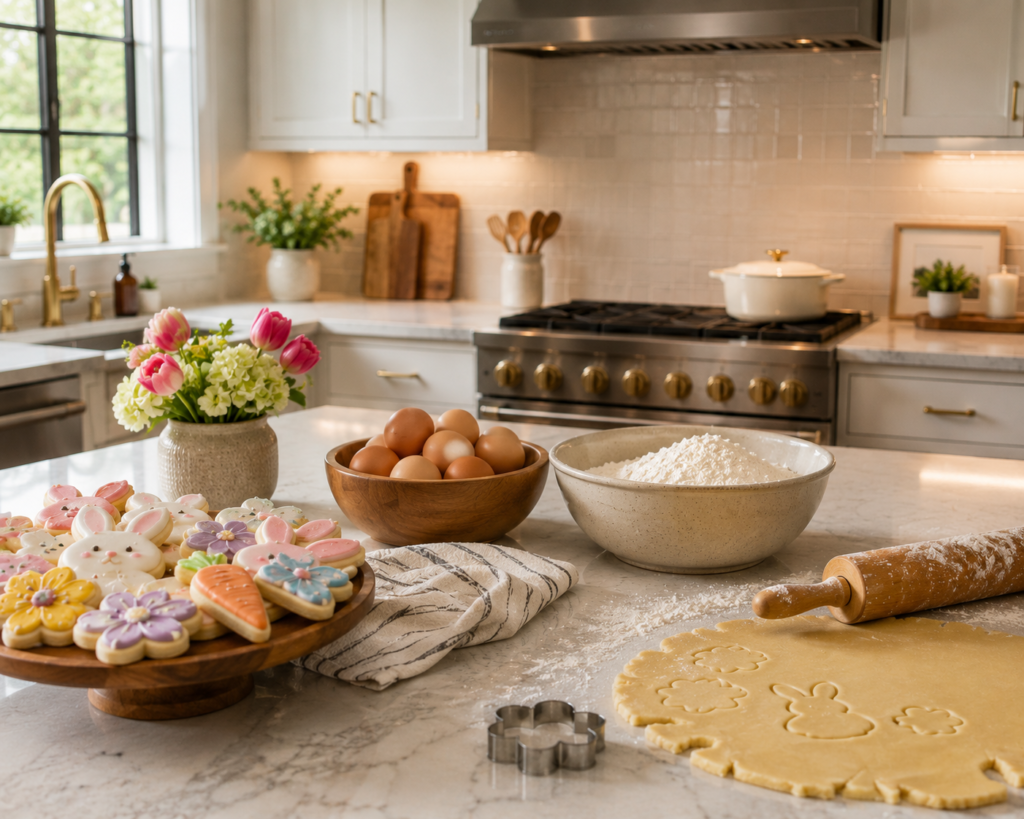 Beautiful modern kitchen with decorated sugar cookies, bowls of eggs and flour, and rolled cookie dough on the countertop, ready for baking with a KitchenAid Artisan Stand Mixer.