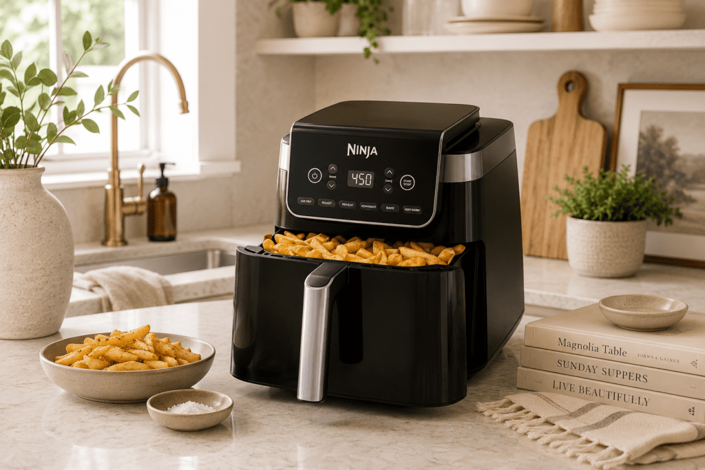 Ninja Air Fryer sitting on a counter top with french fries in it and on the counter in front of it. A little bowl of probably salt in a neutral kitchen setting