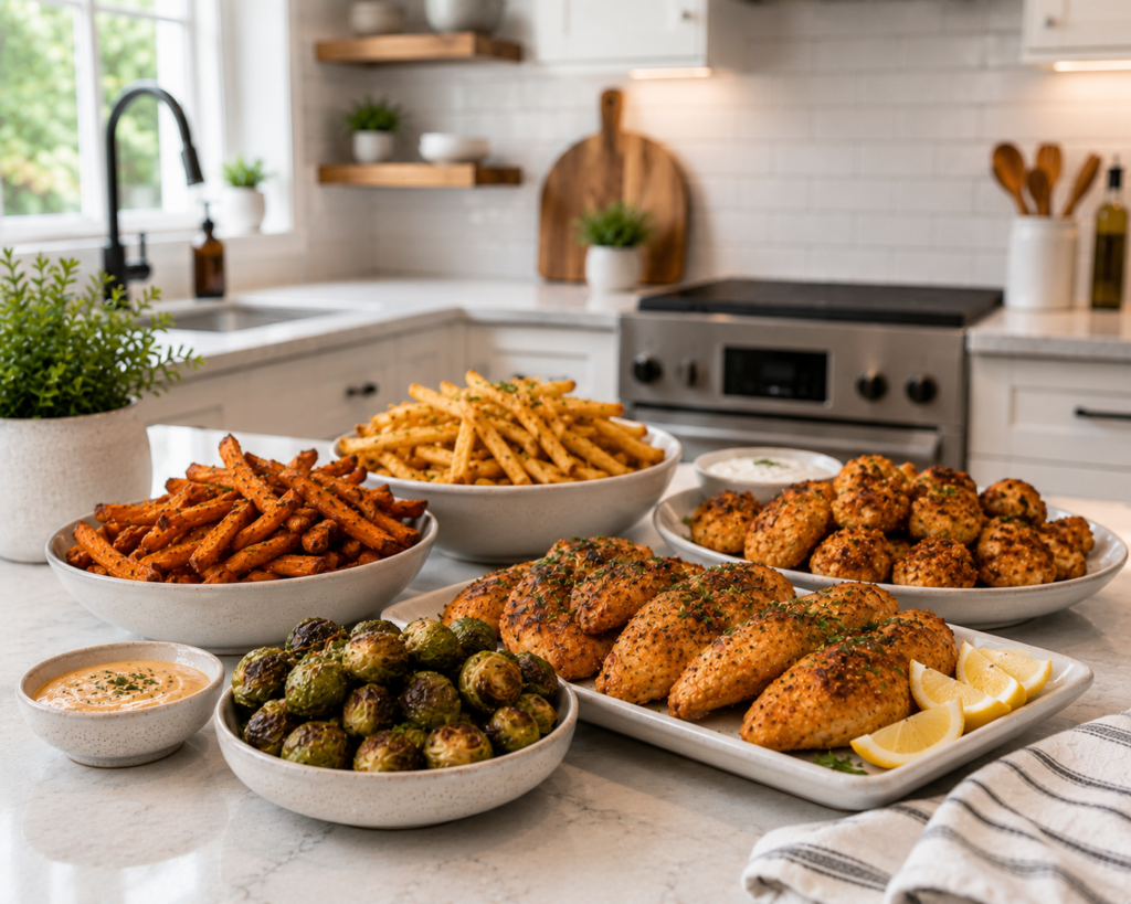 Assorted air-fried chicken, sweet potato fries, French fries, Brussels sprouts, and vegetables arranged on a modern kitchen countertop, perfect for meals made with the Ninja AF141 Air Fryer Pro.