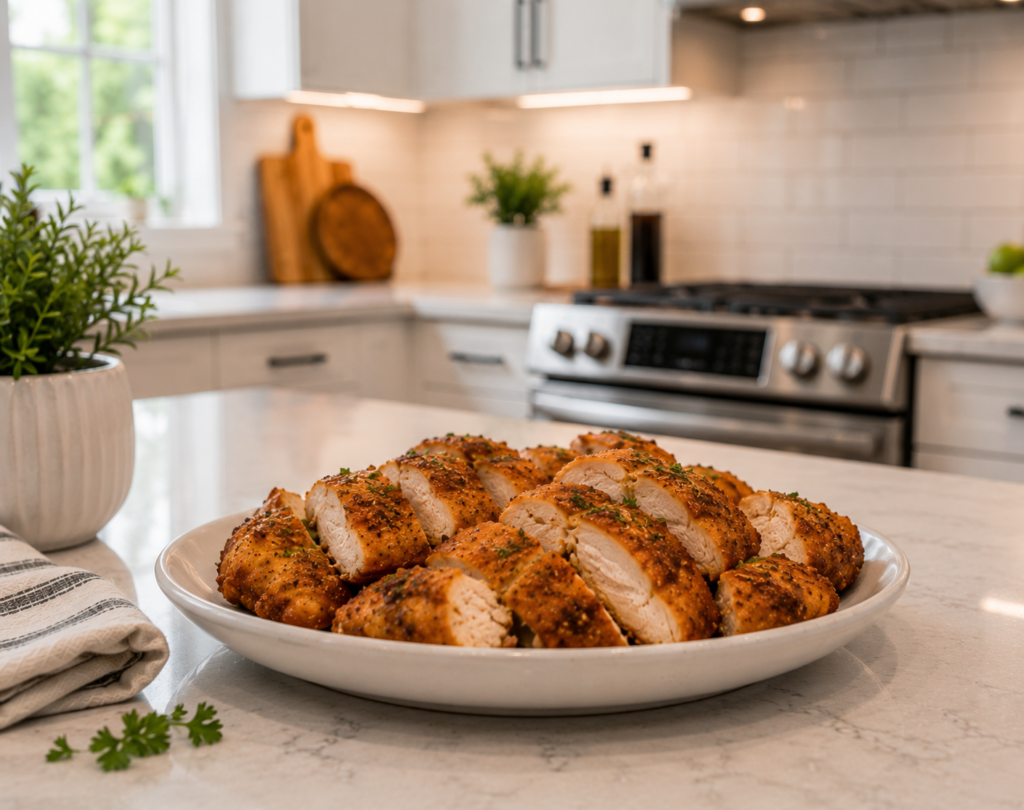 Sliced air-fried chicken breast served on a plate on a modern kitchen countertop, perfect for meals prepared with the Ninja Combi.