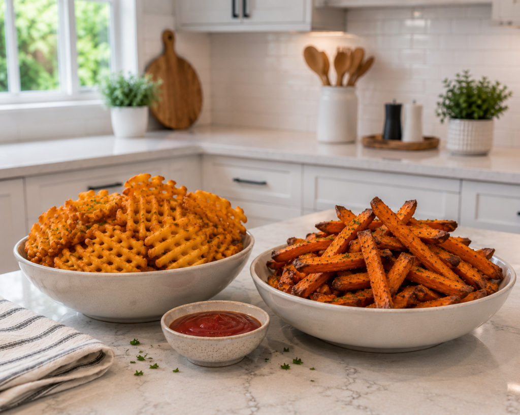 Air-fried waffle fries and sweet potato fries served in bowls on a modern kitchen countertop, perfect for recipes made with the Ninja DT201 XL Pro Air Fry Oven.