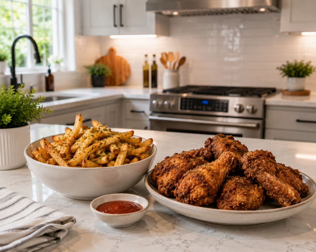 Air-fried chicken and crispy French fries served on a modern kitchen countertop, perfect for meals made with the Ninja DZ201 Foodi DualZone Air Fryer.