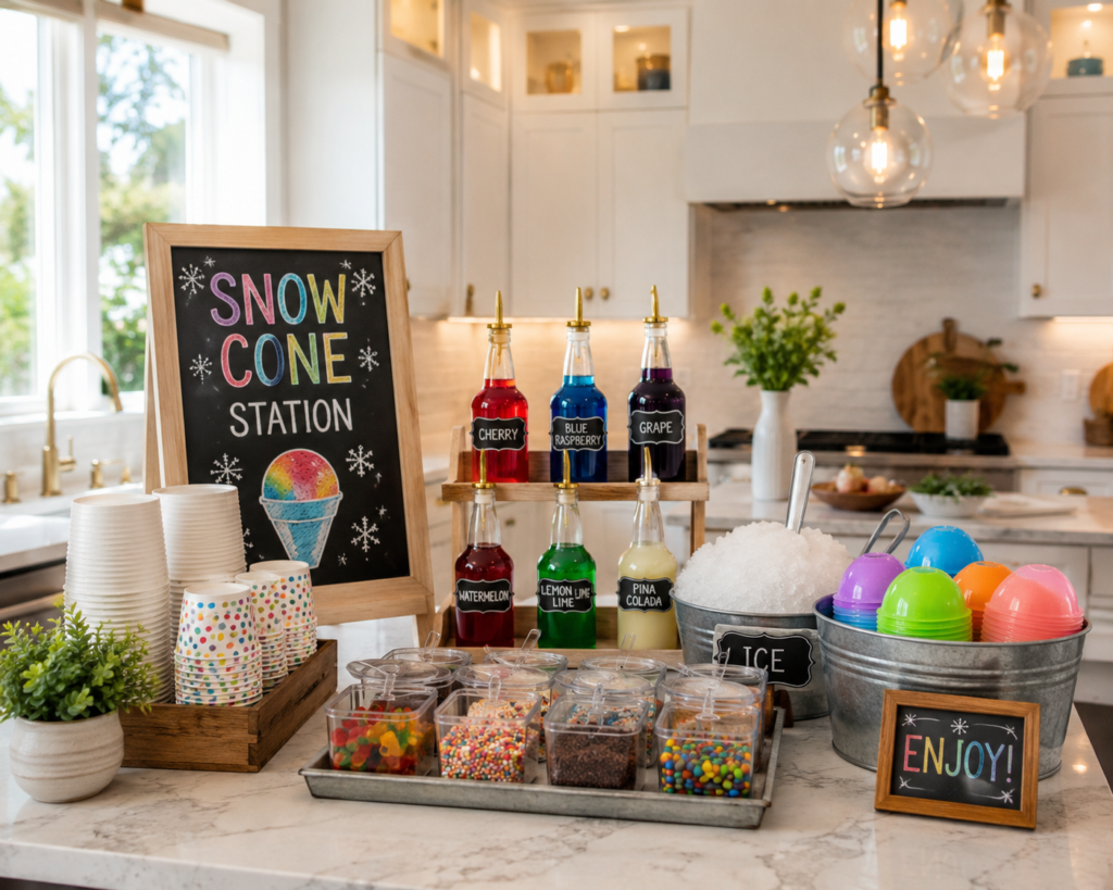 Snow cone station set up on a modern kitchen island with colorful syrup bottles, shaved ice, cups, and fun toppings for a family gathering.