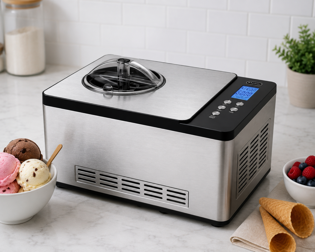 Whynter ICM-220SSY automatic ice cream and yogurt maker with built-in compressor in a modern luxury kitchen