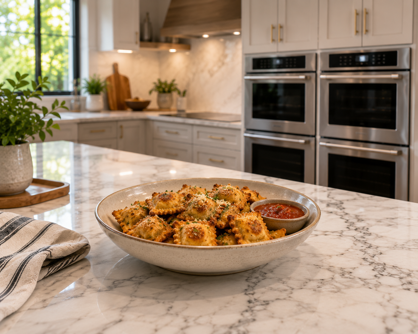 Modern white kitchen with a marble island displaying a variety of crispy air fryer recipes, including chicken wings, roasted vegetables, sweet potato fries, and cauliflower served in elegant bowls and serving trays.