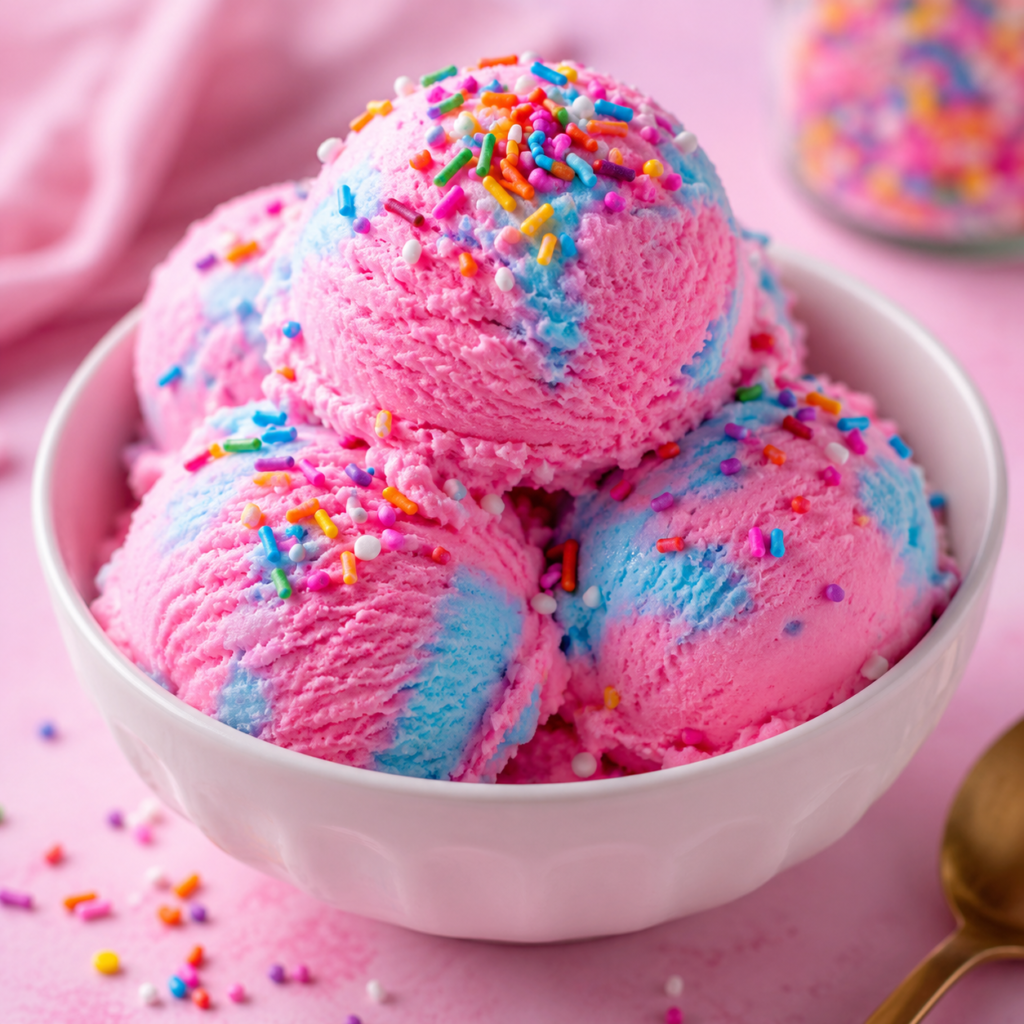 A bowl of creamy pink cotton candy ice cream topped with colorful rainbow sprinkles.