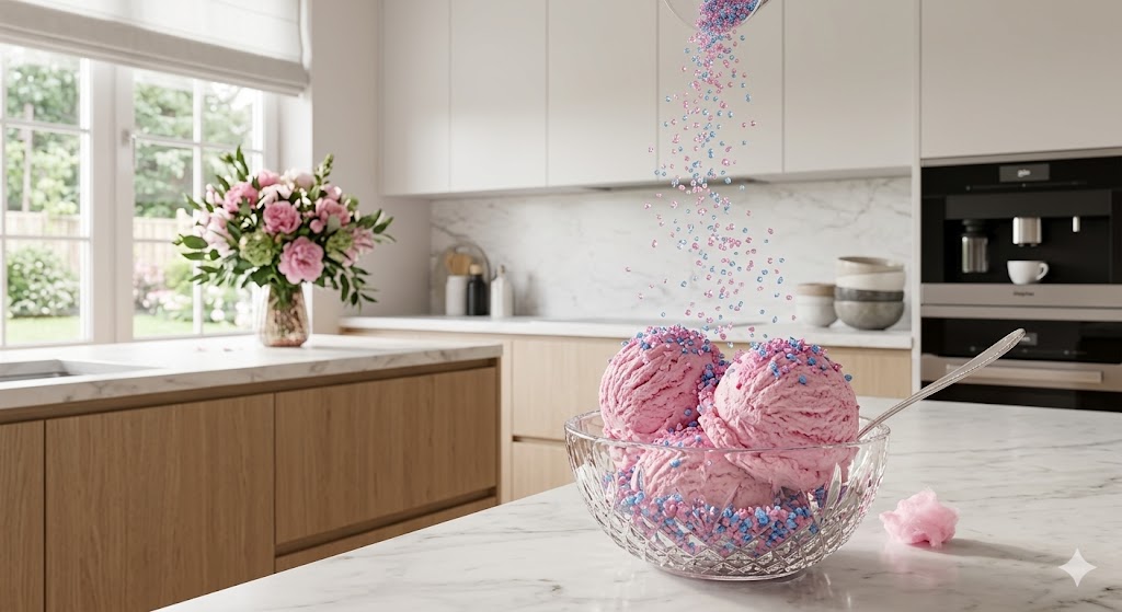 Three scoops of cotton candy in a glass bowl with a spoon and pink and purple sprinkles on the ice cream and being poured on it from a scoop above it.  Set in a pretty kitchen with pink flowers in a vase.