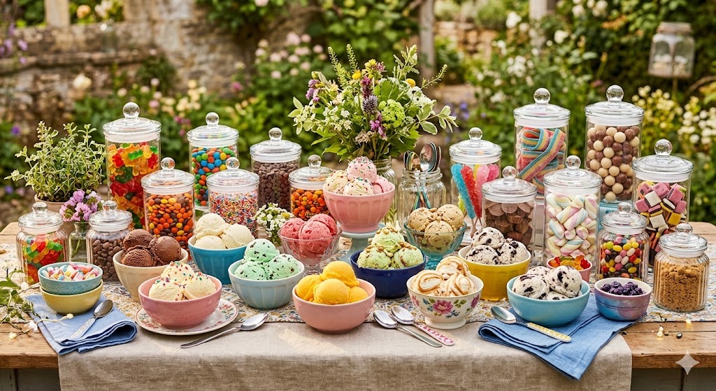 Lots of bowls of ice cream with all different flavors of scooped ice cream and several clear canisters of assorted candies for the ice cream.