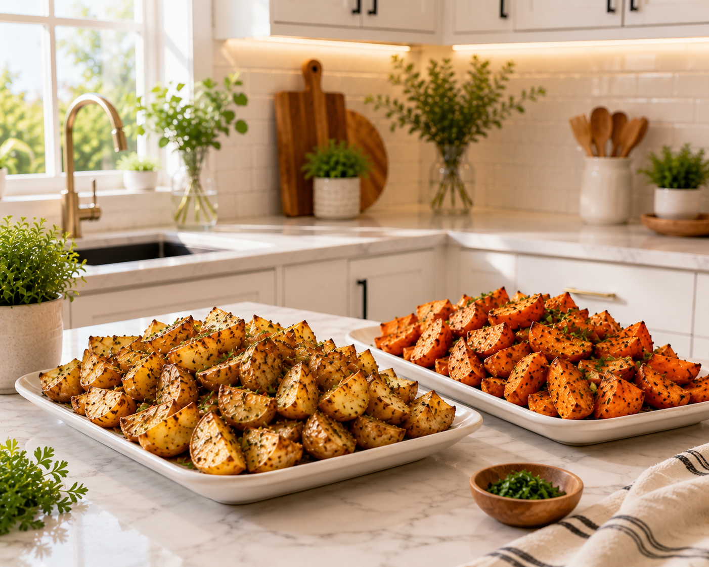 Golden air-fried quartered potatoes seasoned with herbs alongside crispy air-fried sweet potatoes on serving platters in a bright modern kitchen, made with the Ninja Air Fryer Max XL.