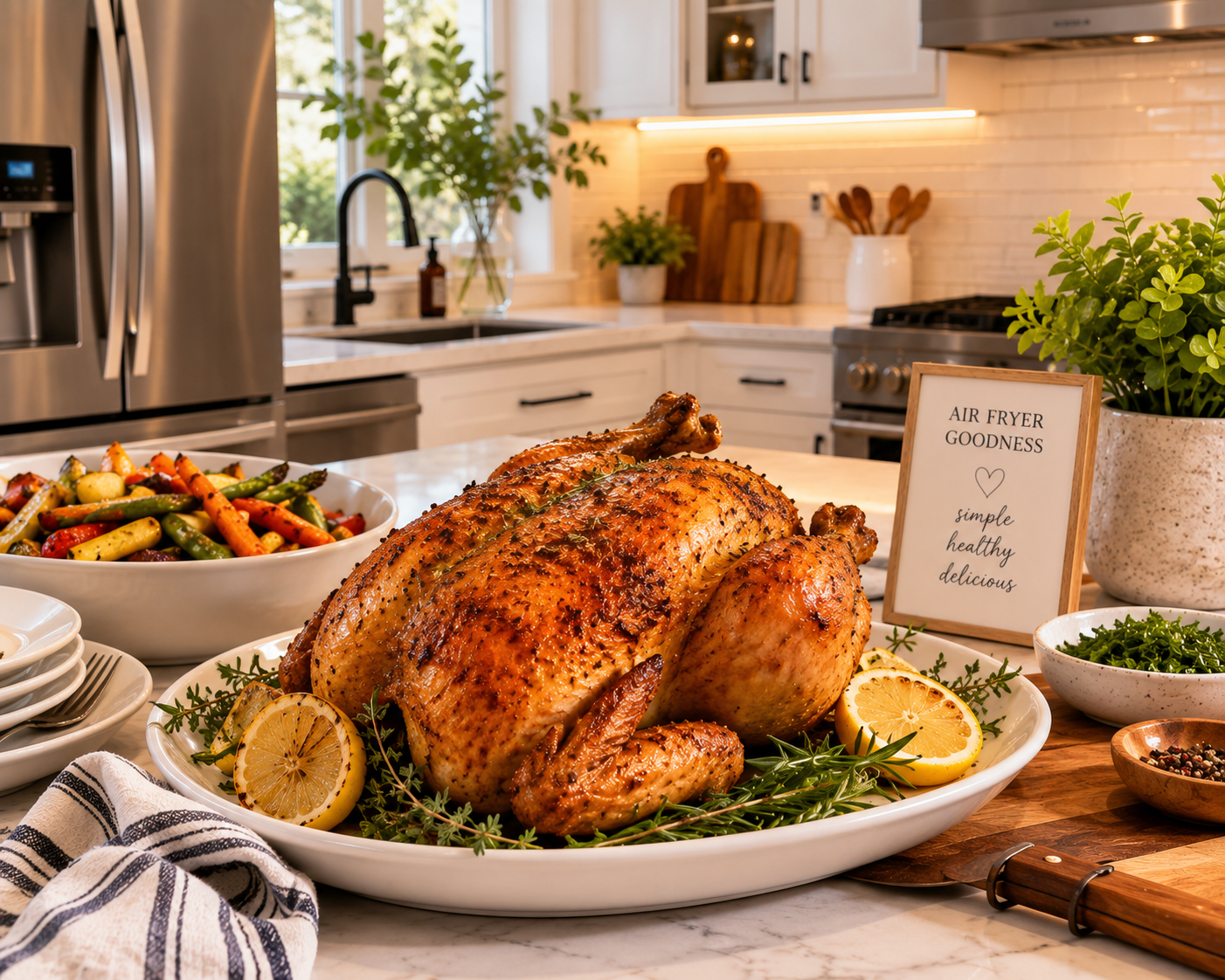 Golden brown whole air fryer chicken served on a white platter with fresh herbs and lemon slices on a modern kitchen island in a bright contemporary kitchen.