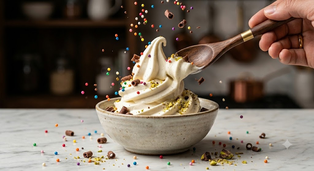 picture of a cream colored bowl of vanilla ice cream with can pieces and chocolate curl on the ice cream. colorful candy sprinkles are falling down around the ice cream and also a dark wooden spoon with a hand holding it is scooping into the ice cream