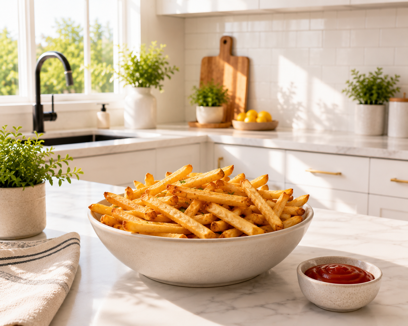 Bowl of crispy homemade French fries cooked in a NutriChef air fryer sitting on a white marble countertop in a bright, sunny modern kitchen.