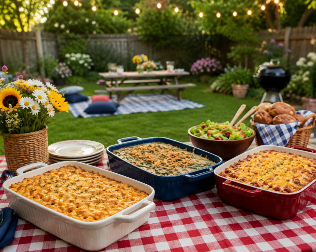 Backyard picnic table featuring multiple casserole dishes in quilted insulated carriers, ready for outdoor dining and family gatherings.