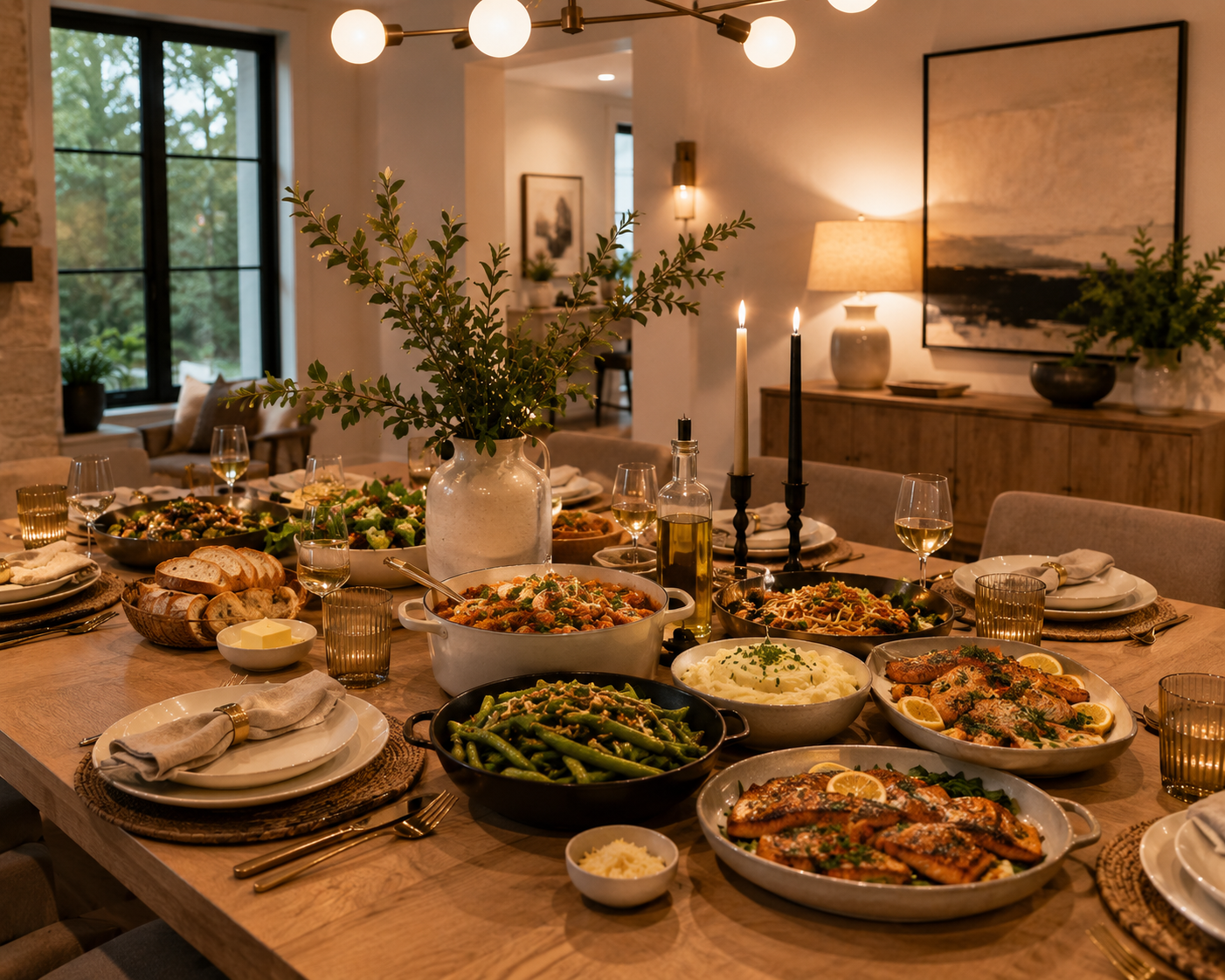 Beautiful modern dining room with an elegantly set table filled with homemade dishes including pasta, salmon, vegetables, bread, and other family-style meals prepared on the stovetop.