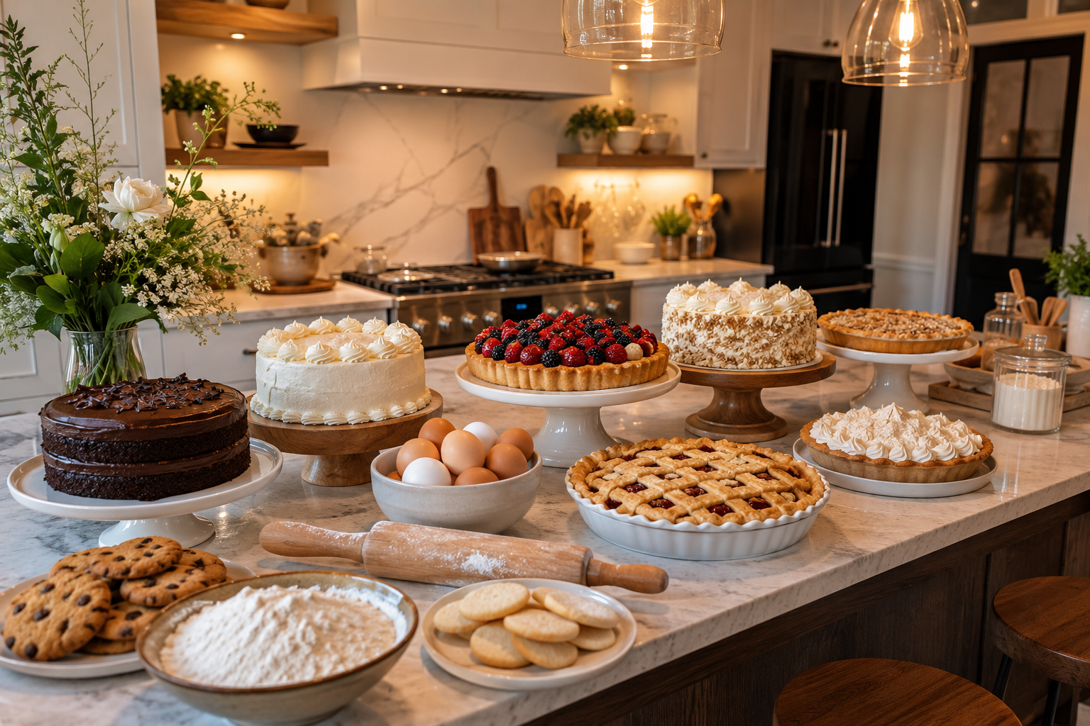 Modern kitchen with a large island bar covered in homemade cakes, pies, and cookies, featuring a bowl of eggs, a bowl of flour, and a wooden rolling pin ready for baking.