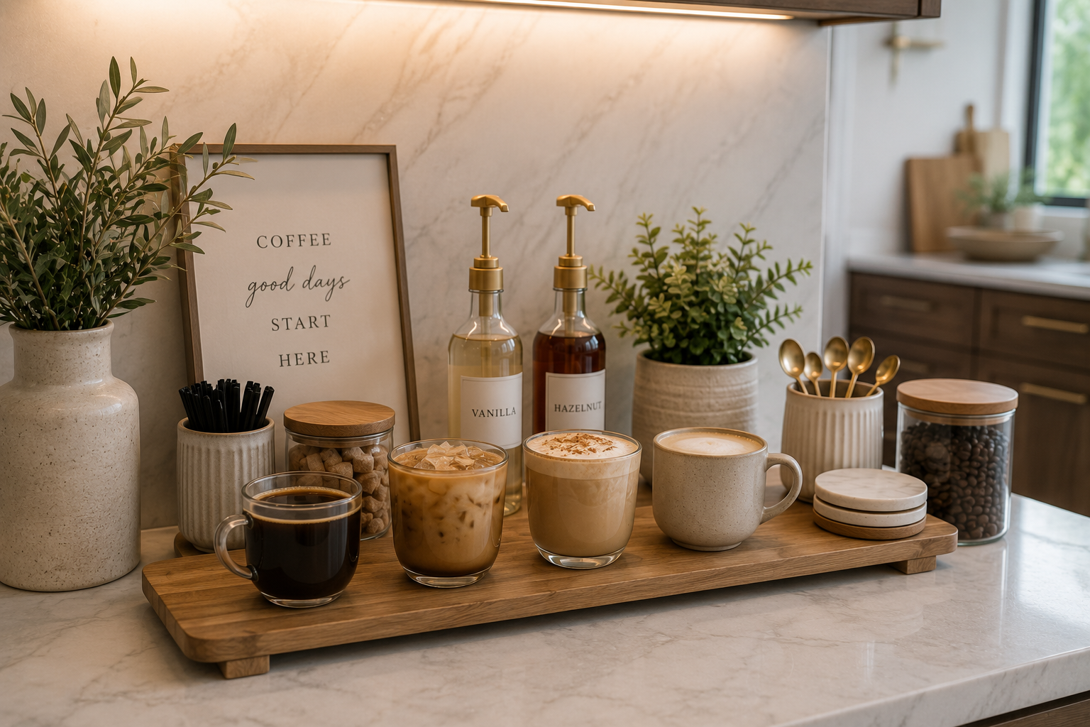 A stylish modern kitchen coffee bar featuring specialty coffee drinks, flavored syrups, coffee beans, mugs, and elegant d&eacute;cor arranged on a marble countertop without a coffee maker.