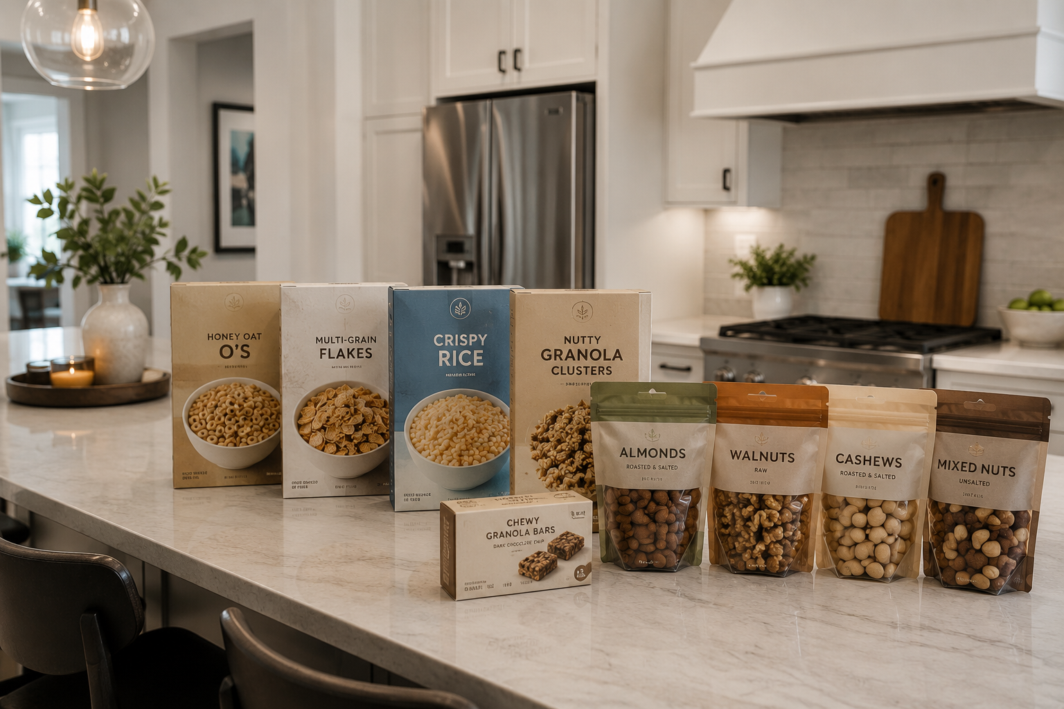 Modern kitchen with cereal boxes, bags of nuts, and pantry snacks arranged on a spacious island, illustrating the need for organized food storage.