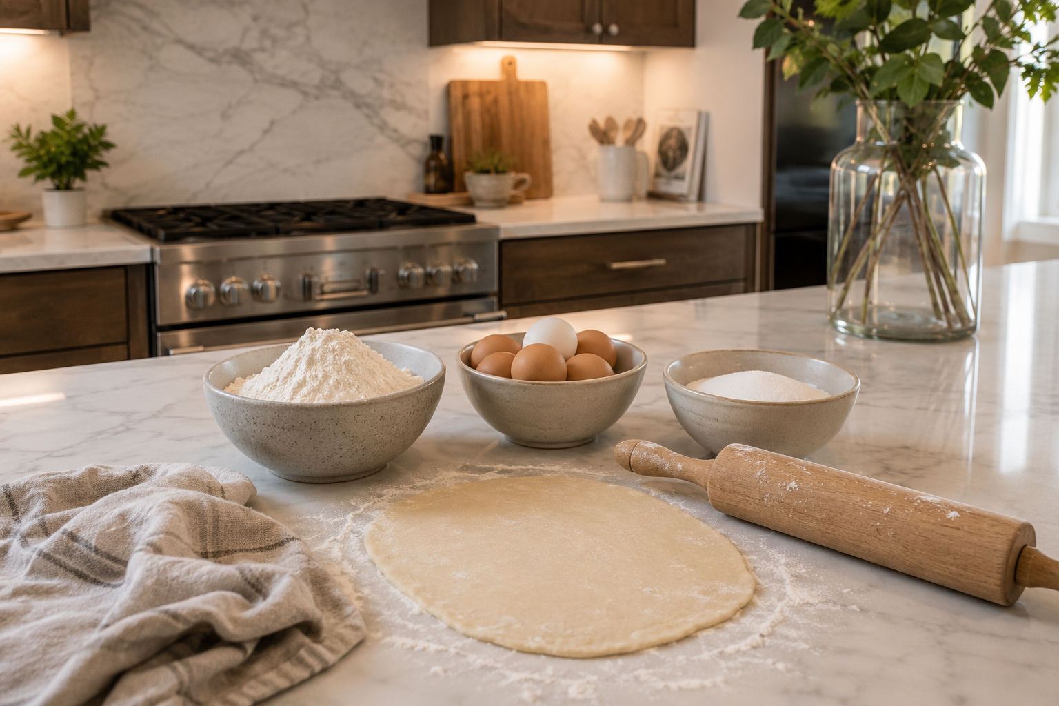 Beautiful modern kitchen with bowls of flour, eggs, and sugar beside rolled-out dough, a wooden rolling pin, and a soft linen towel on a marble countertop.