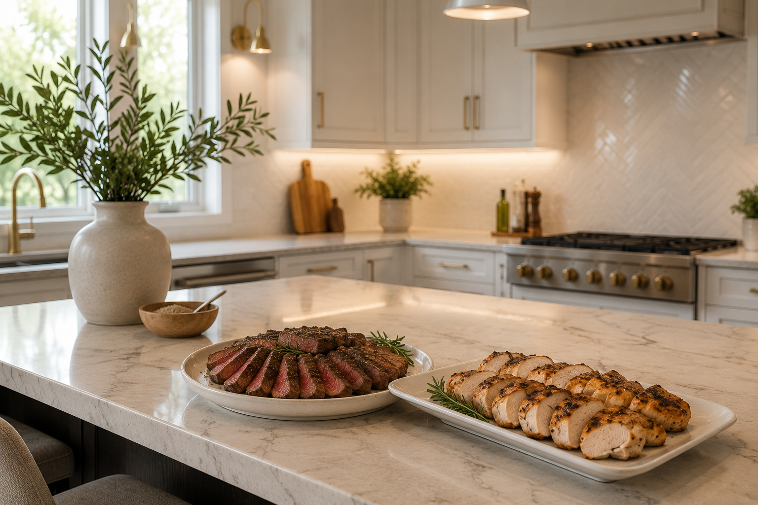 Modern kitchen with sliced steak and grilled chicken arranged on serving plates atop a spacious kitchen island, representing precision food preparation.