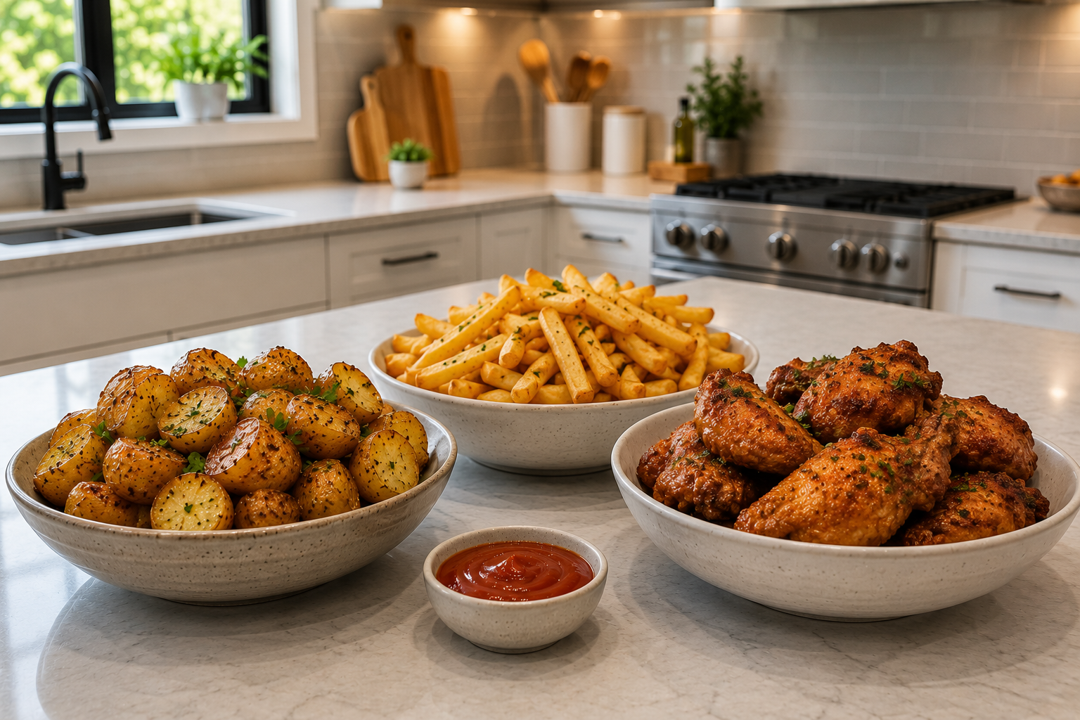 Modern kitchen with bowls of crispy air-fried potatoes, golden French fries, and seasoned chicken arranged on a white kitchen island, showcasing easy homemade meals perfect for the Ninja XL Air Fryer.