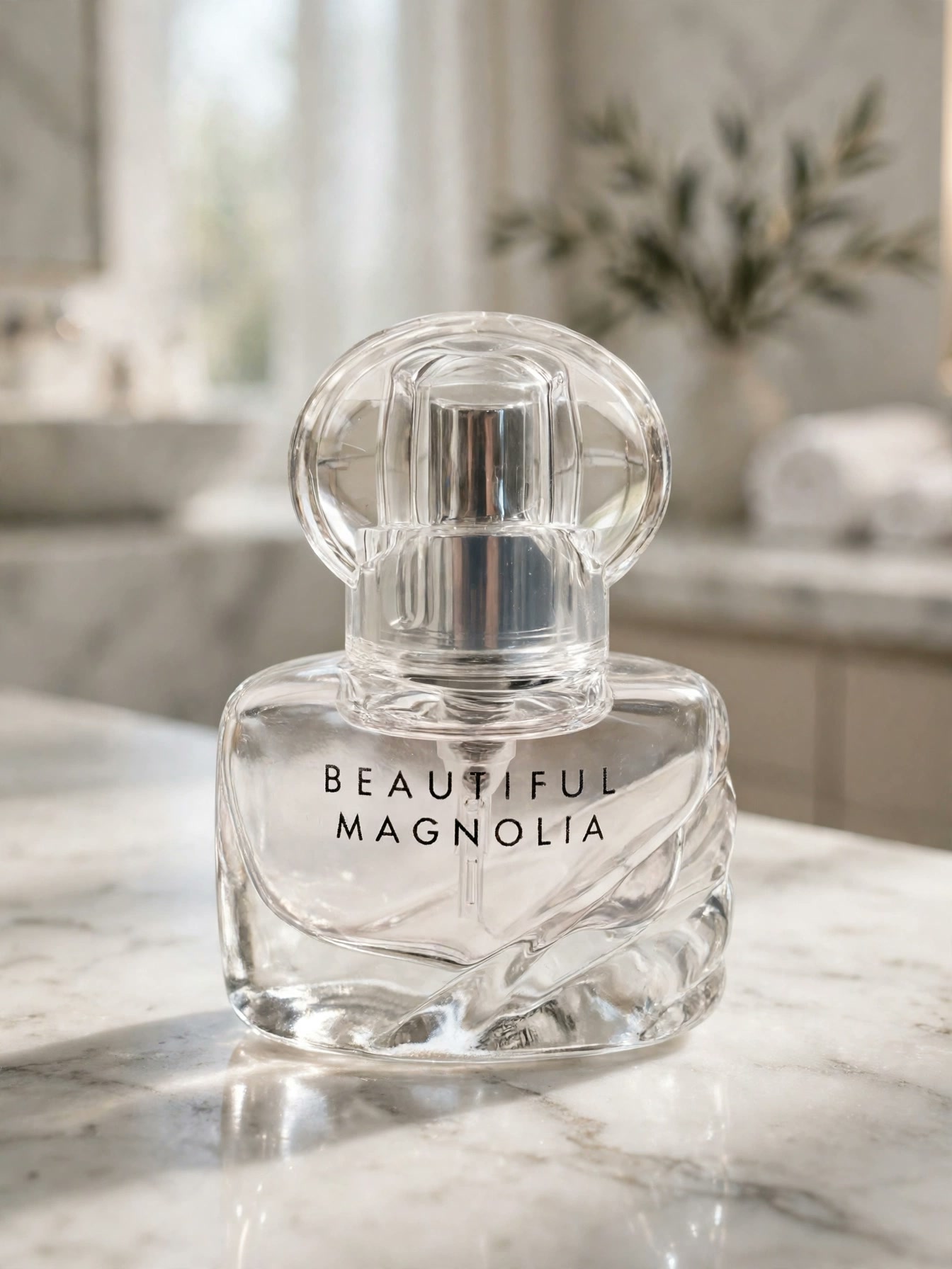 The Estée Lauder Beautiful Magnolia eau de parfum bottle standing on a marble bathroom counter