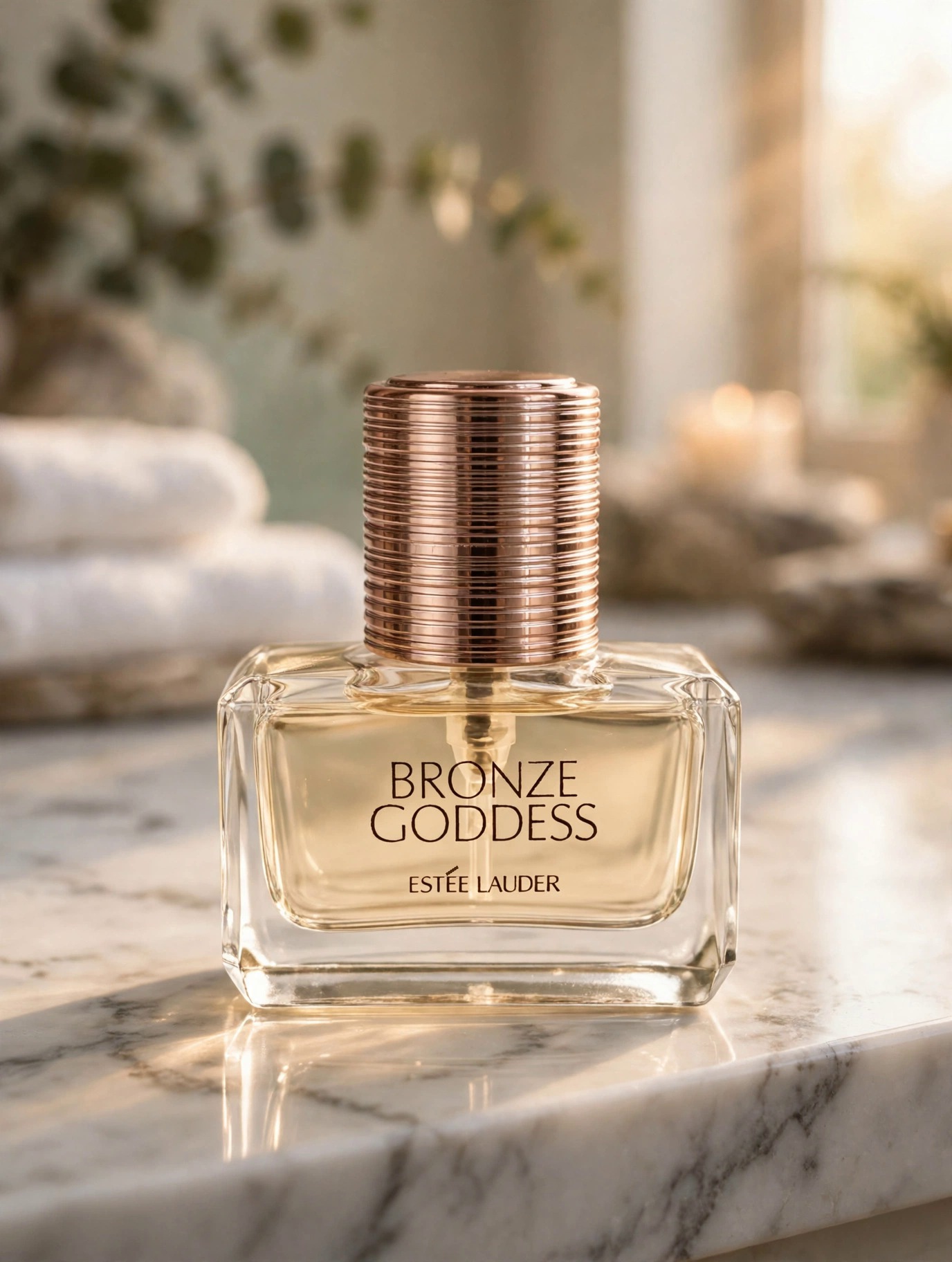An Estée Lauder Bronze Goddess Eau Fraîche spray bottle with a ribbed rose-gold cap standing on a white marble bathroom counter in warm golden sunlight, with soft towels blurred in the background.