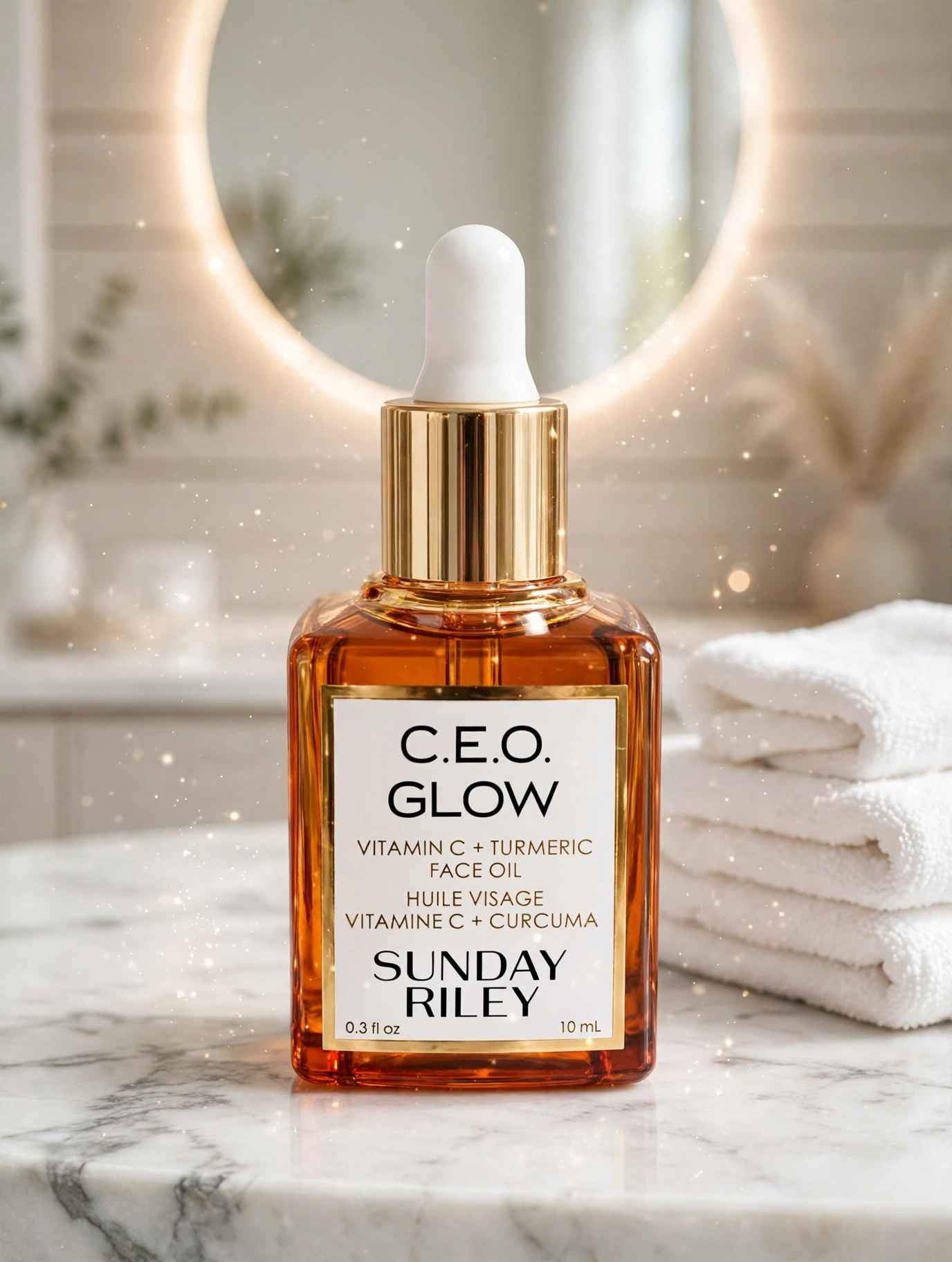 Sunday Riley C.E.O. Glow Face Oil bottle on a marble bathroom counter