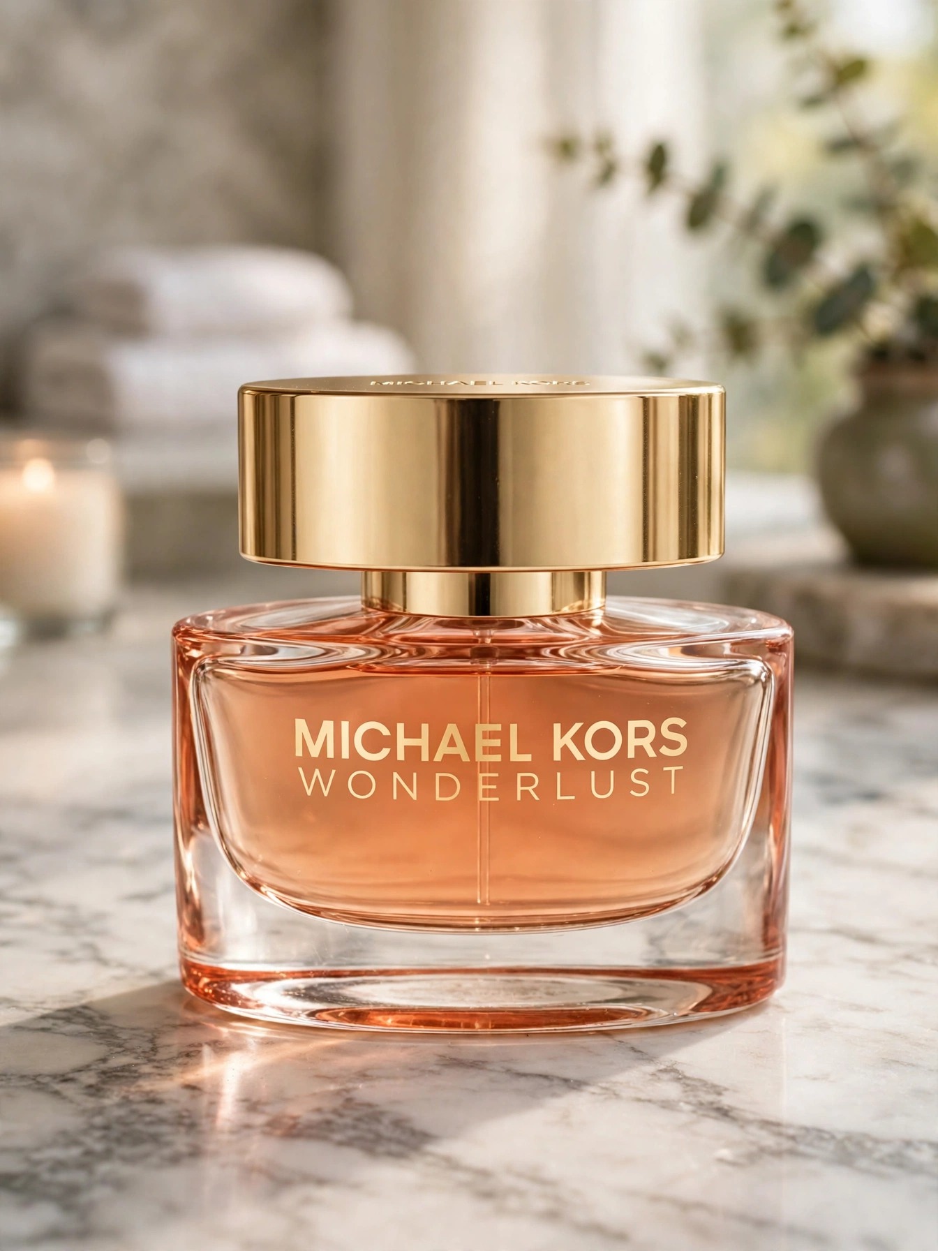 The Michael Kors Wonderlust eau de parfum bottle with its gold cap standing on a marble bathroom counter